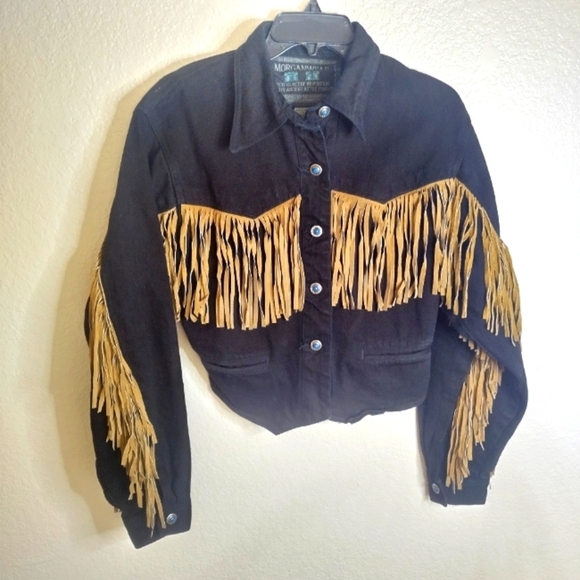 morganwear Jackets & Blazers - Morganwear Black Denim Western Fringe Festive Turquoise Buttoned Jacket Sz M